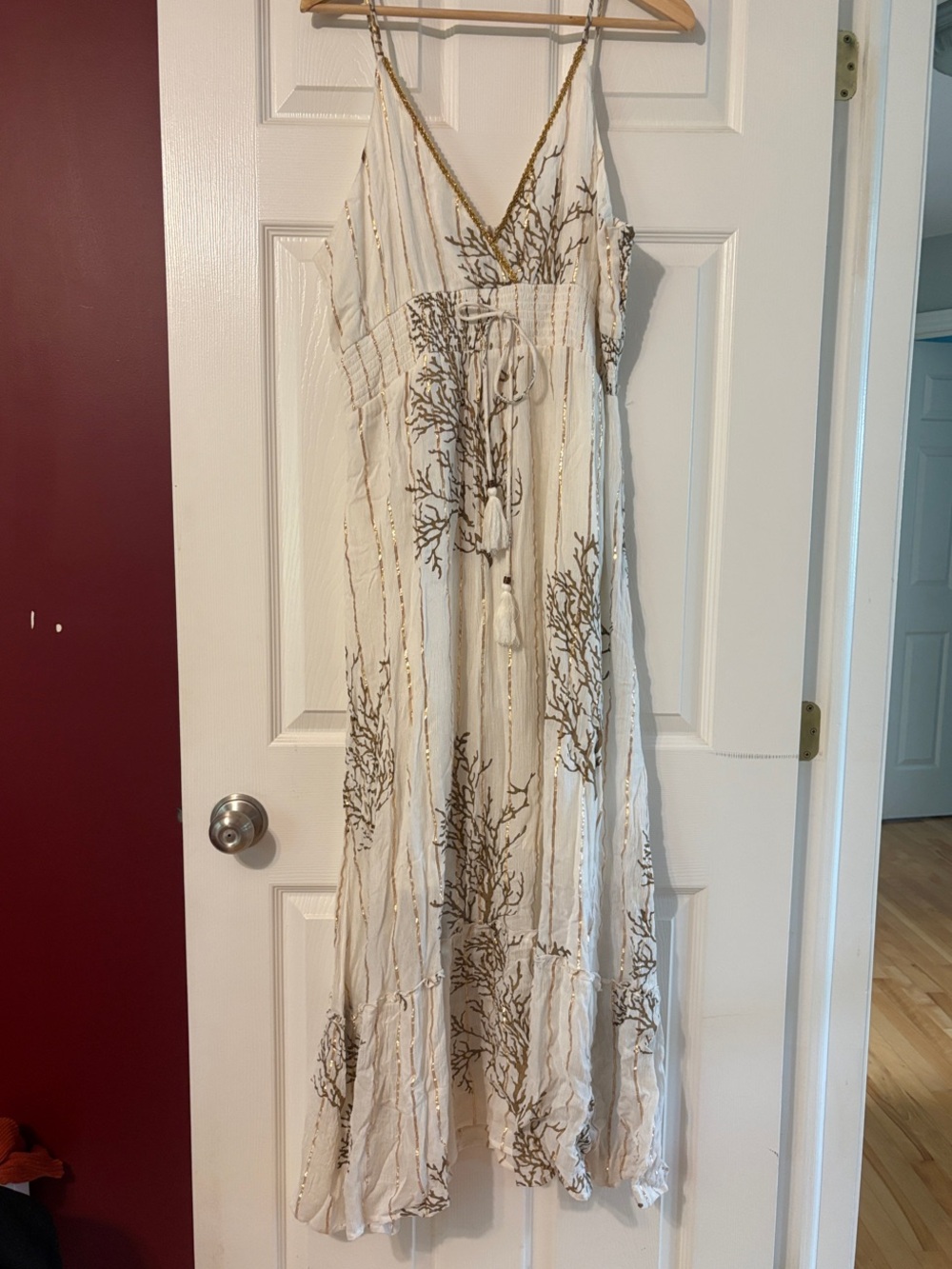 Boho Cream Maxi Dress with Brown Coral Print and Tassel Waist